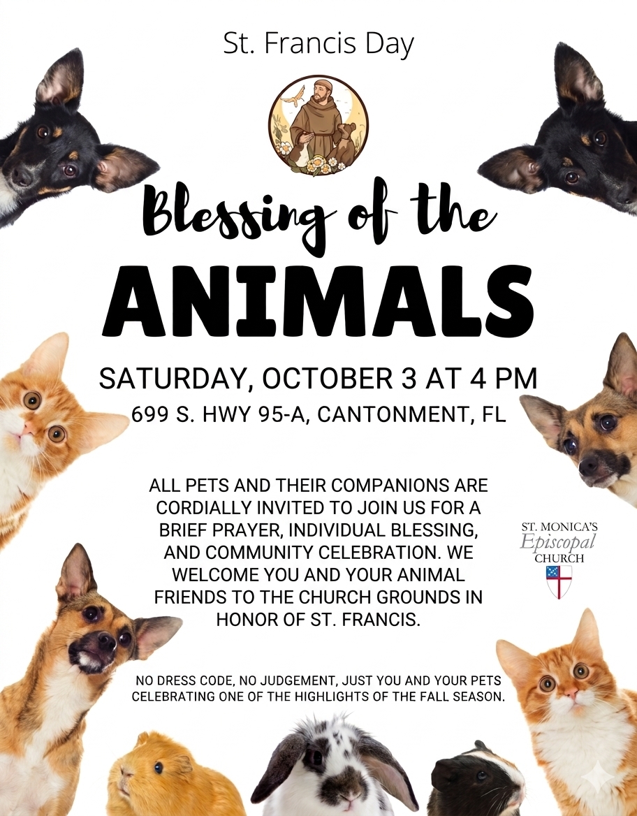 Images of various animals around text about a Blessing of the Animals Service.