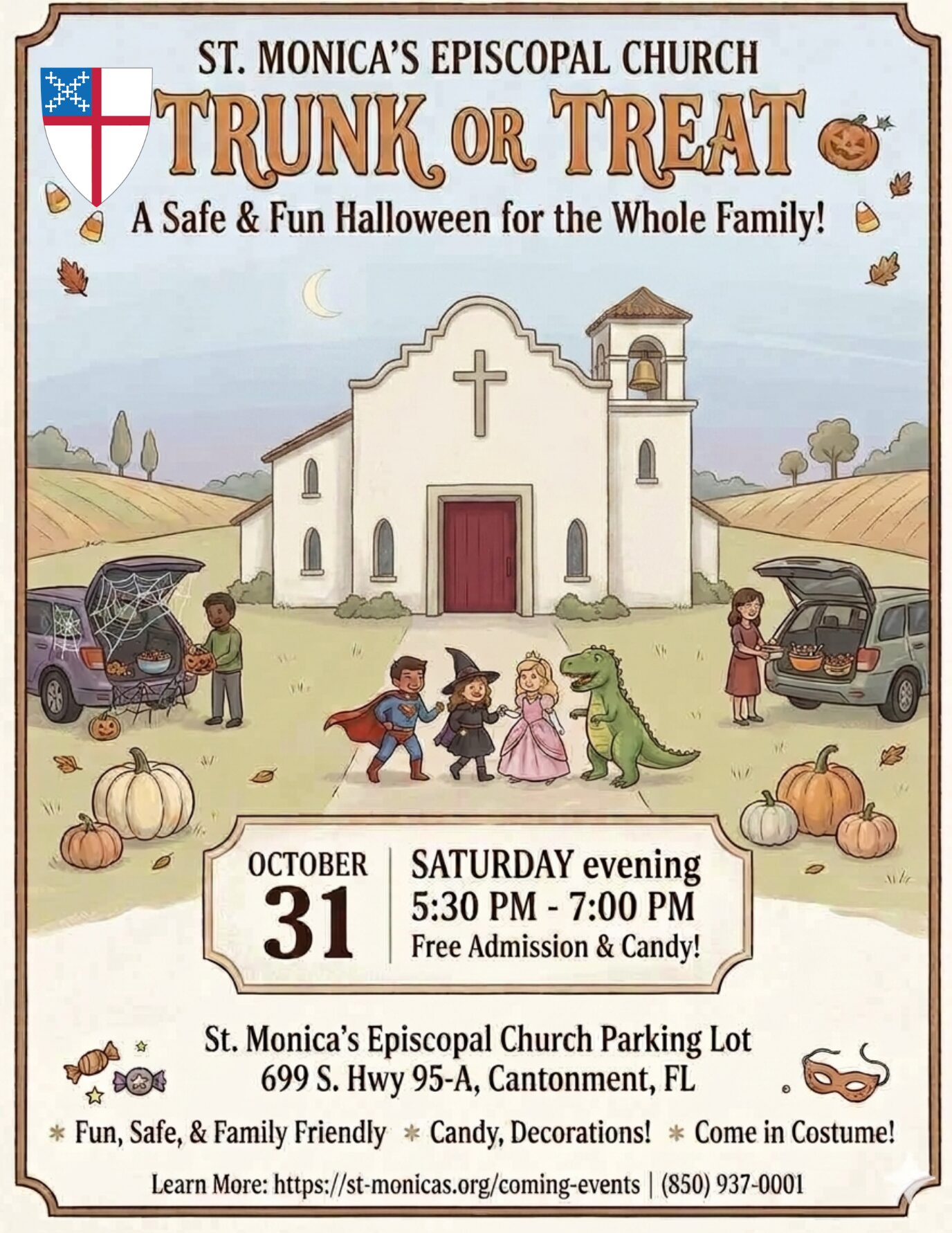 An image of a flyer for Trunk or Treat with cartoon characters and cars decorated for Halloween.